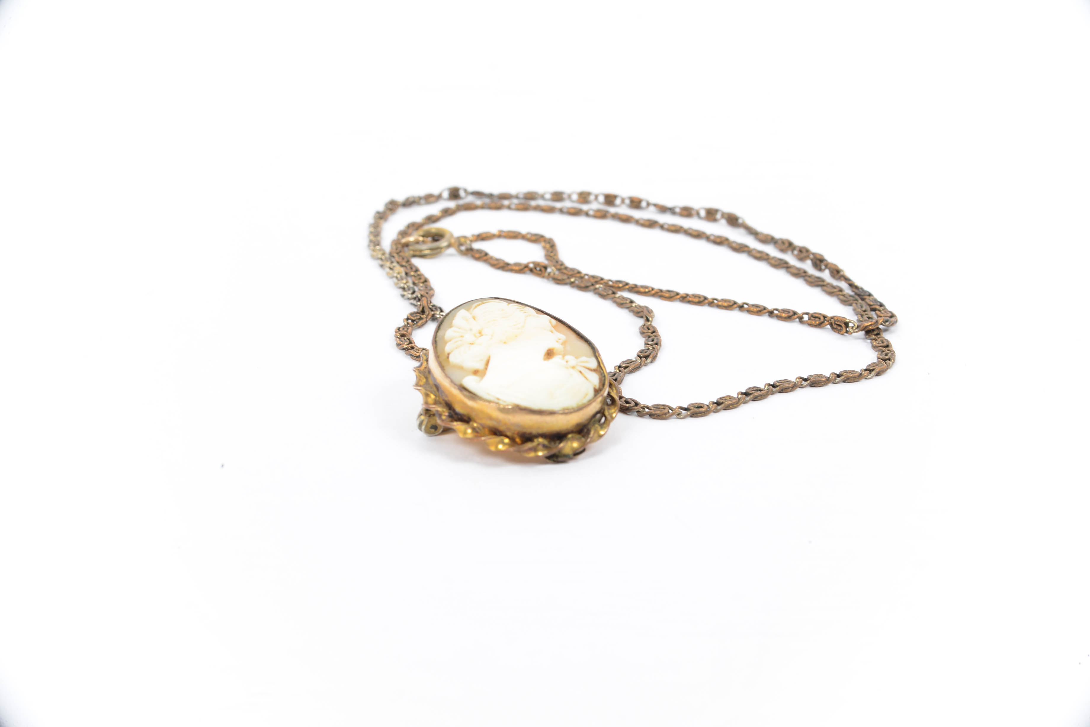 Antique Vermeil Gold Plate Carved Carnelian Cameo on Chain