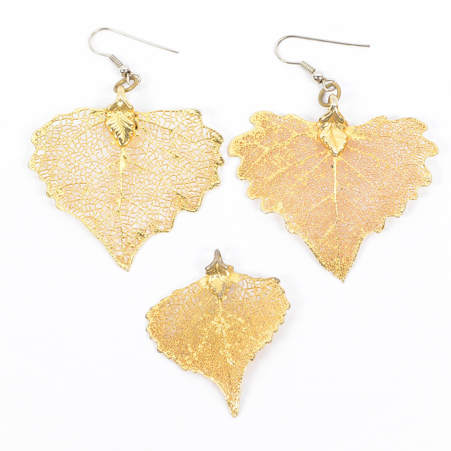 24 K Gold Dipped Natural Leaf Aspen Earrings and Pendant Trio