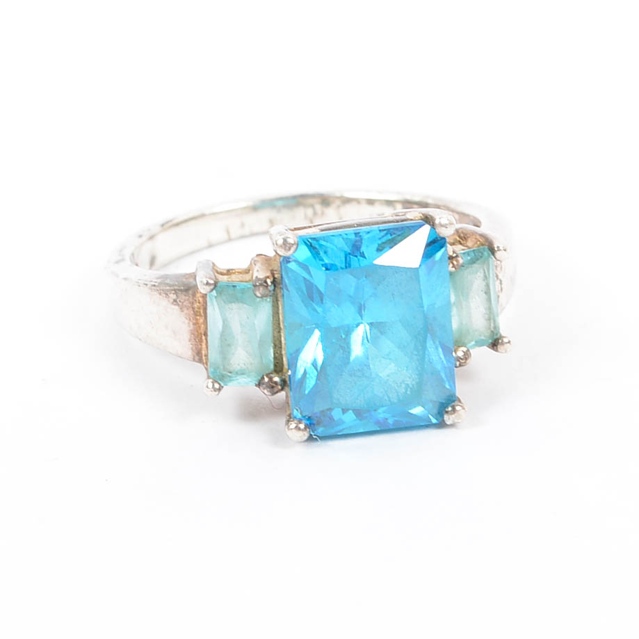 Sterling Silver Blue Zircon and Aquamarine CZ Engagement Ring