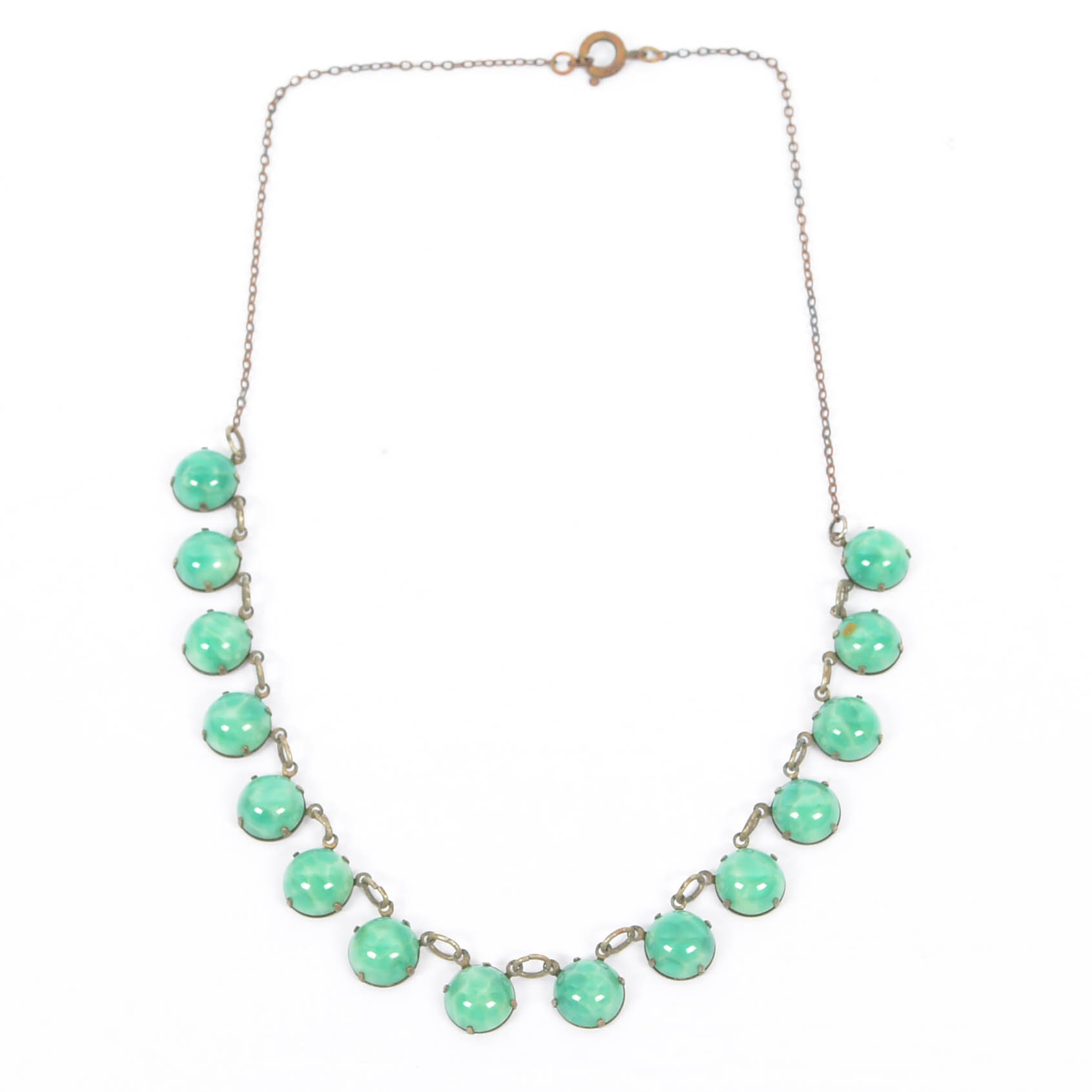 Circa 1930 Copper and Green Peking Glass Station Necklace