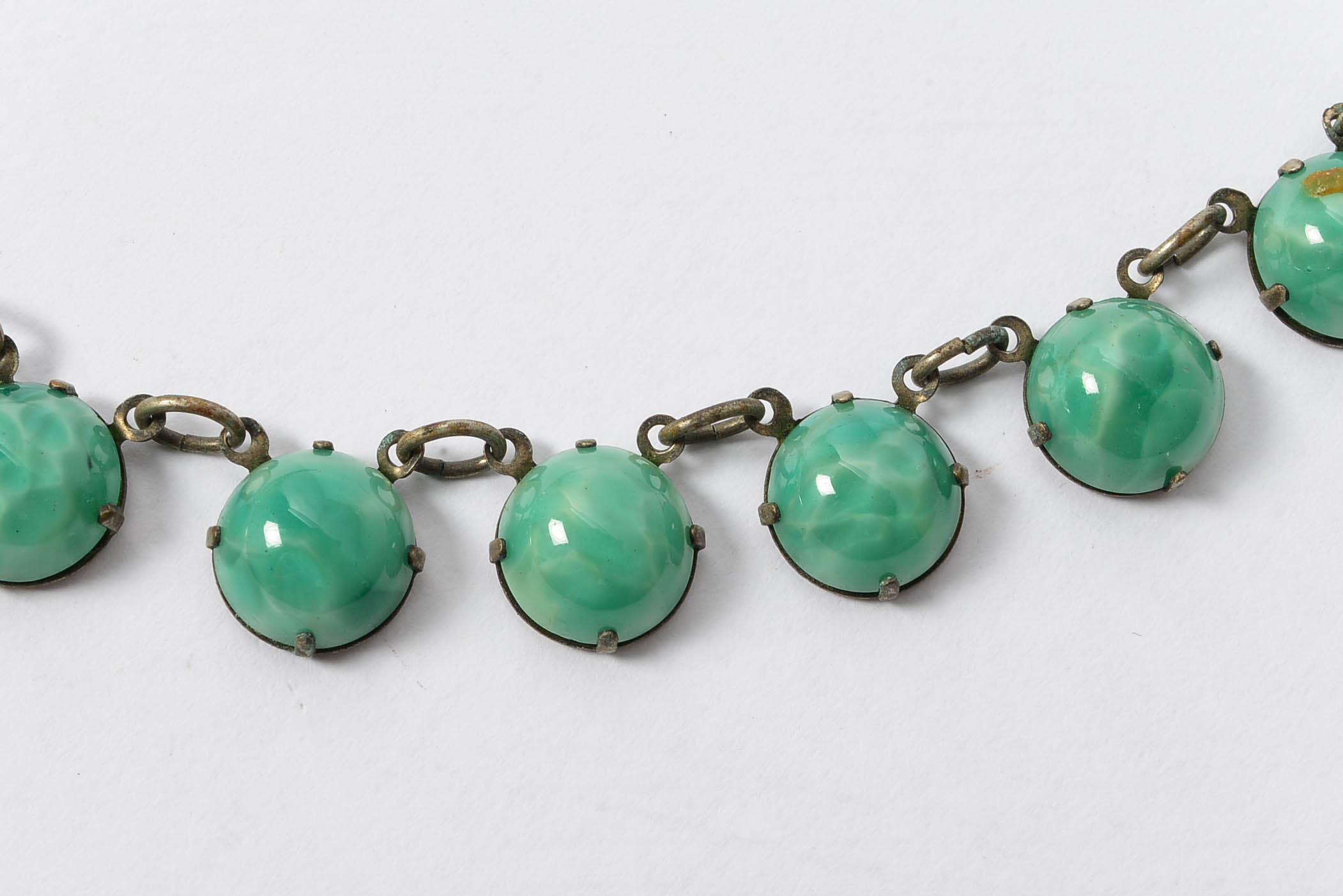 Circa 1930 Copper and Green Peking Glass Station Necklace