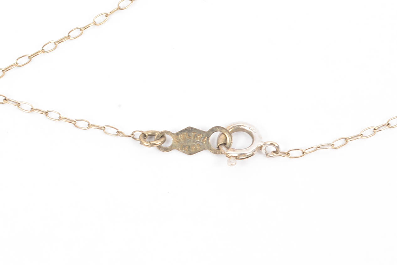 14K Gold Cultra Necklace (1950's) with Cultured Pearl Pendant