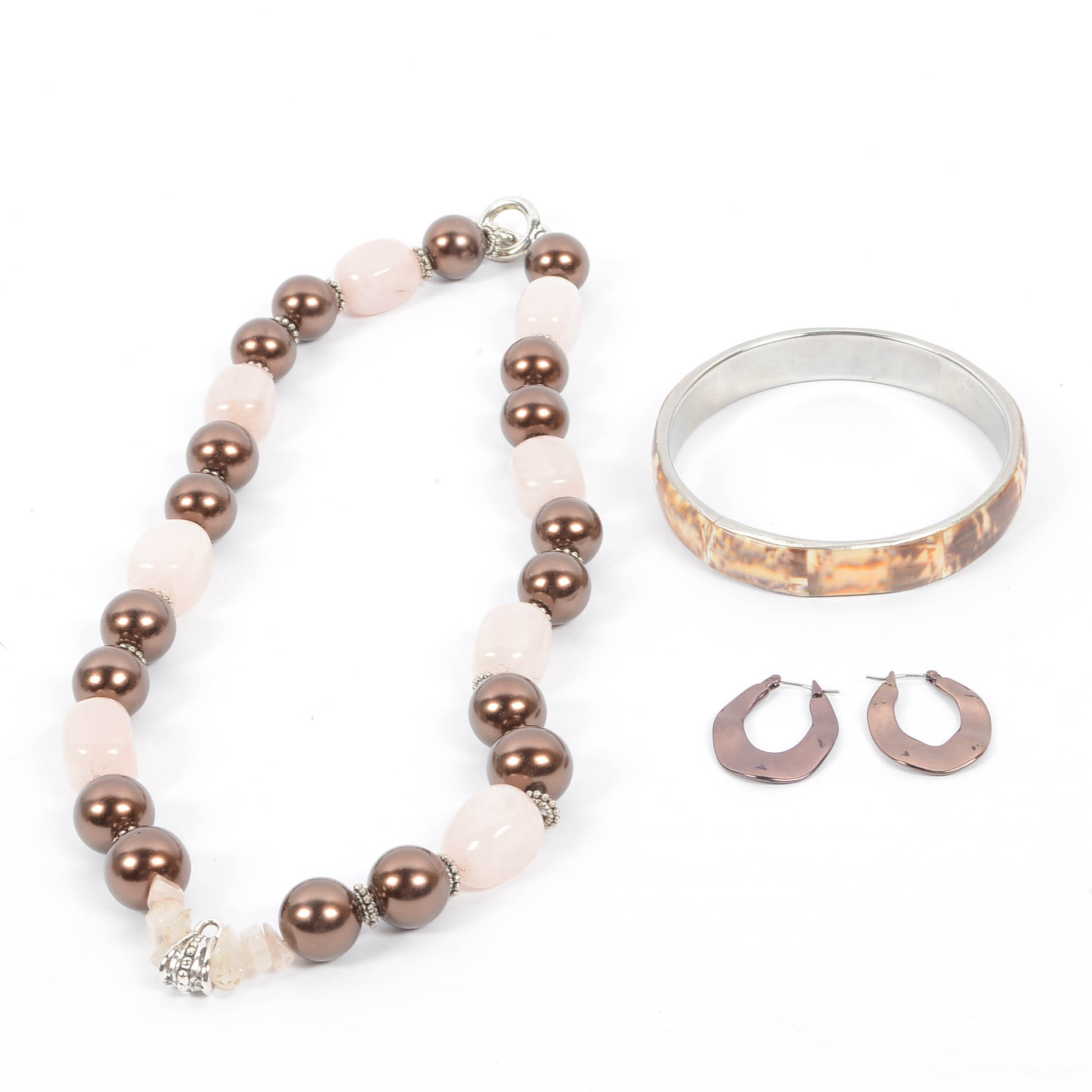 Polished Rose Crystal Chunky Bead Necklace and Tortoise Shell Bangle