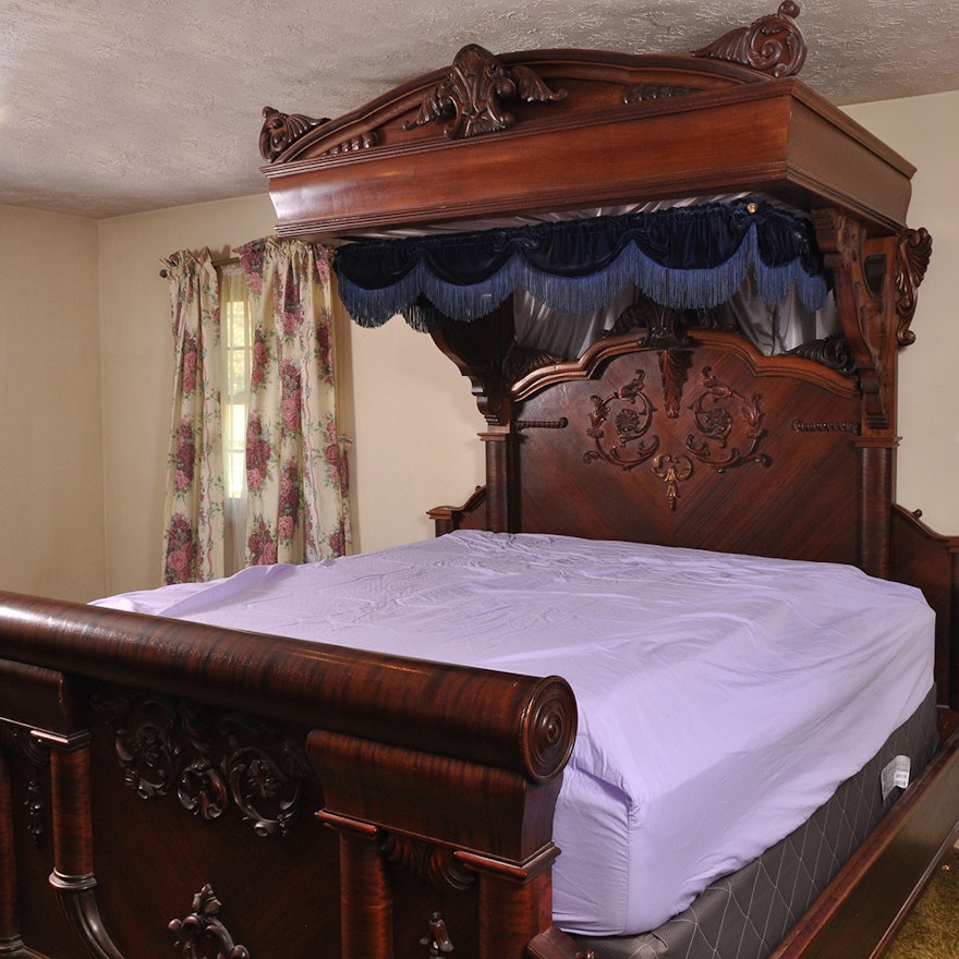 Antique Empire Mahogany Veneer King Size Canopy Bed