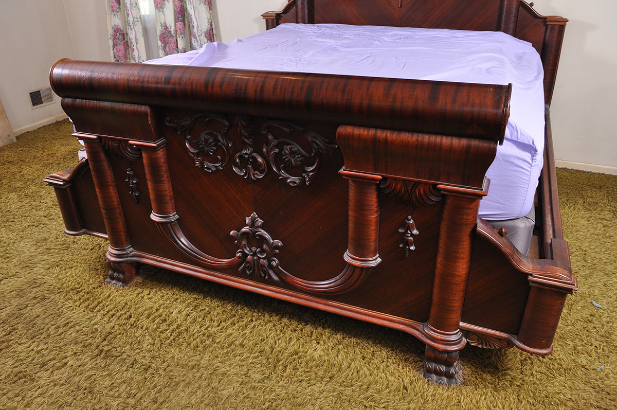 Antique Empire Mahogany Veneer King Size Canopy Bed