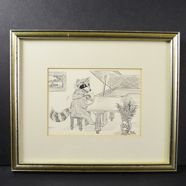 Heidi James Original Drawing of a Racoon Playing the Grand Piano
