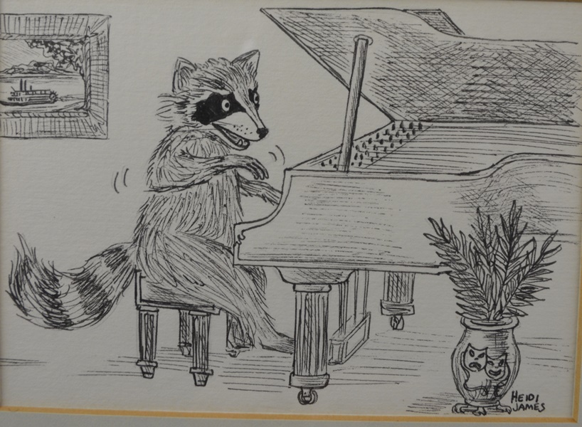 Heidi James Original Drawing of a Racoon Playing the Grand Piano