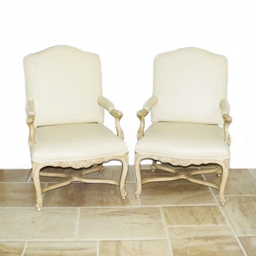 Pair of Custom Designed Bergere Style Chairs in Generous Proportions, Upholstered in Ivory Leather