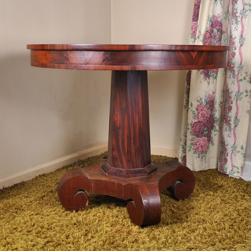 Antique Round Empire Mahogany Veneer Parlor Table