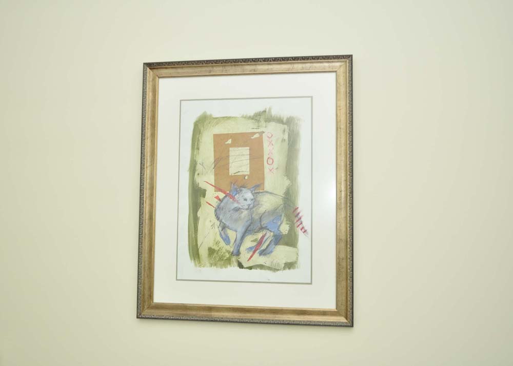 Framed Mixed Media Cat Painting