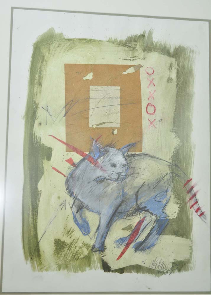 Framed Mixed Media Cat Painting