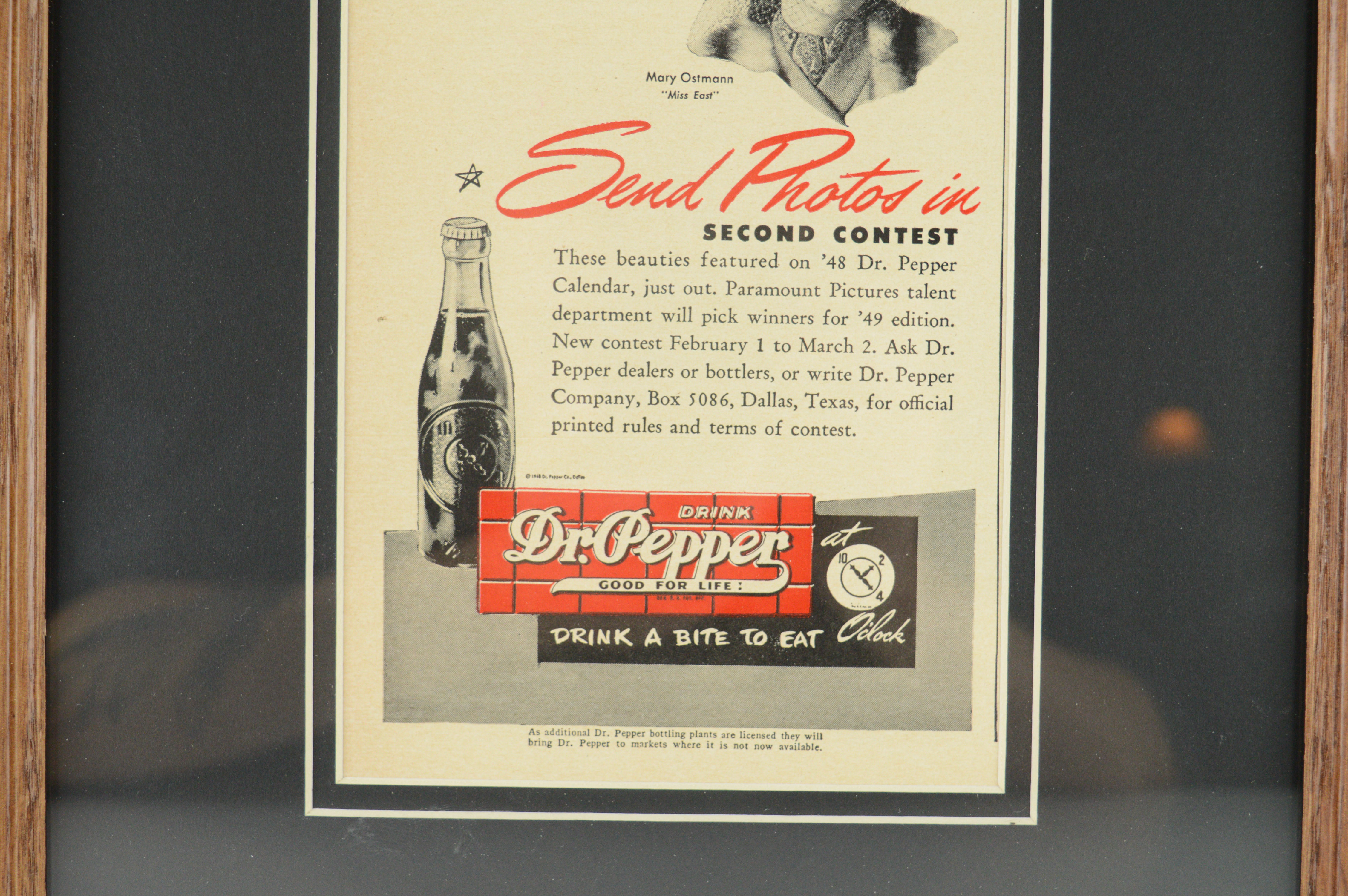 1948  Framed Magazine Advertisement for Dr. Pepper's Calendar Girls