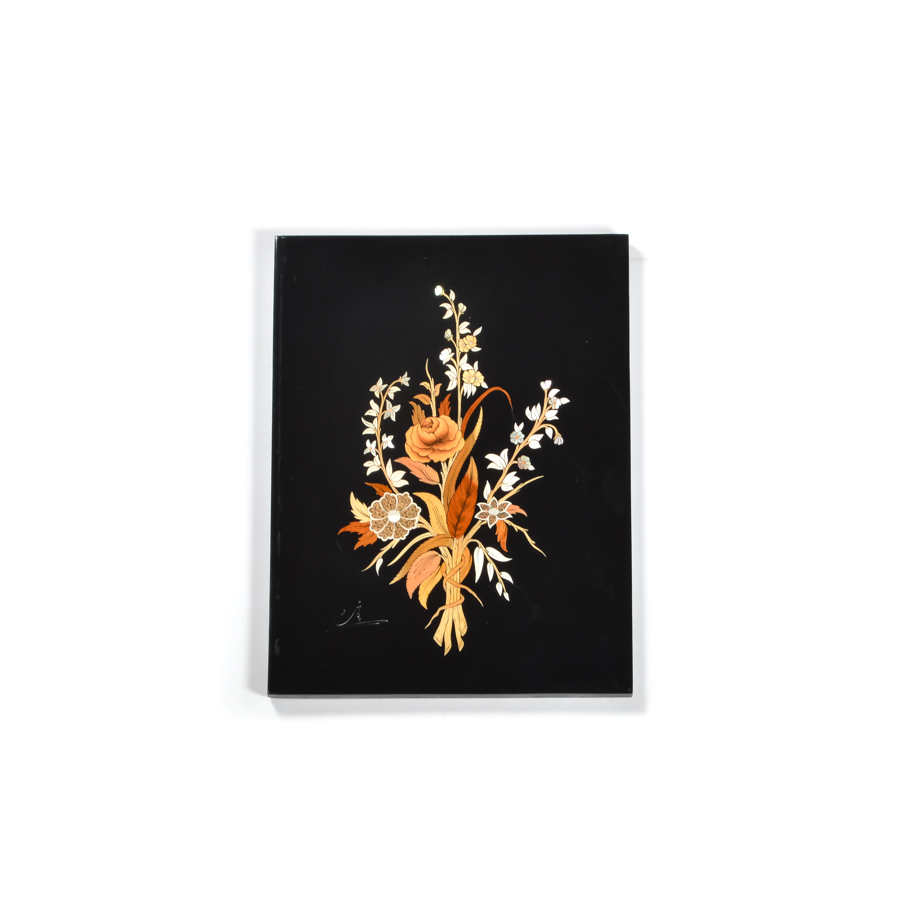 Signed Lacquered Wooden Marquetry Panel with Mother of Pearl