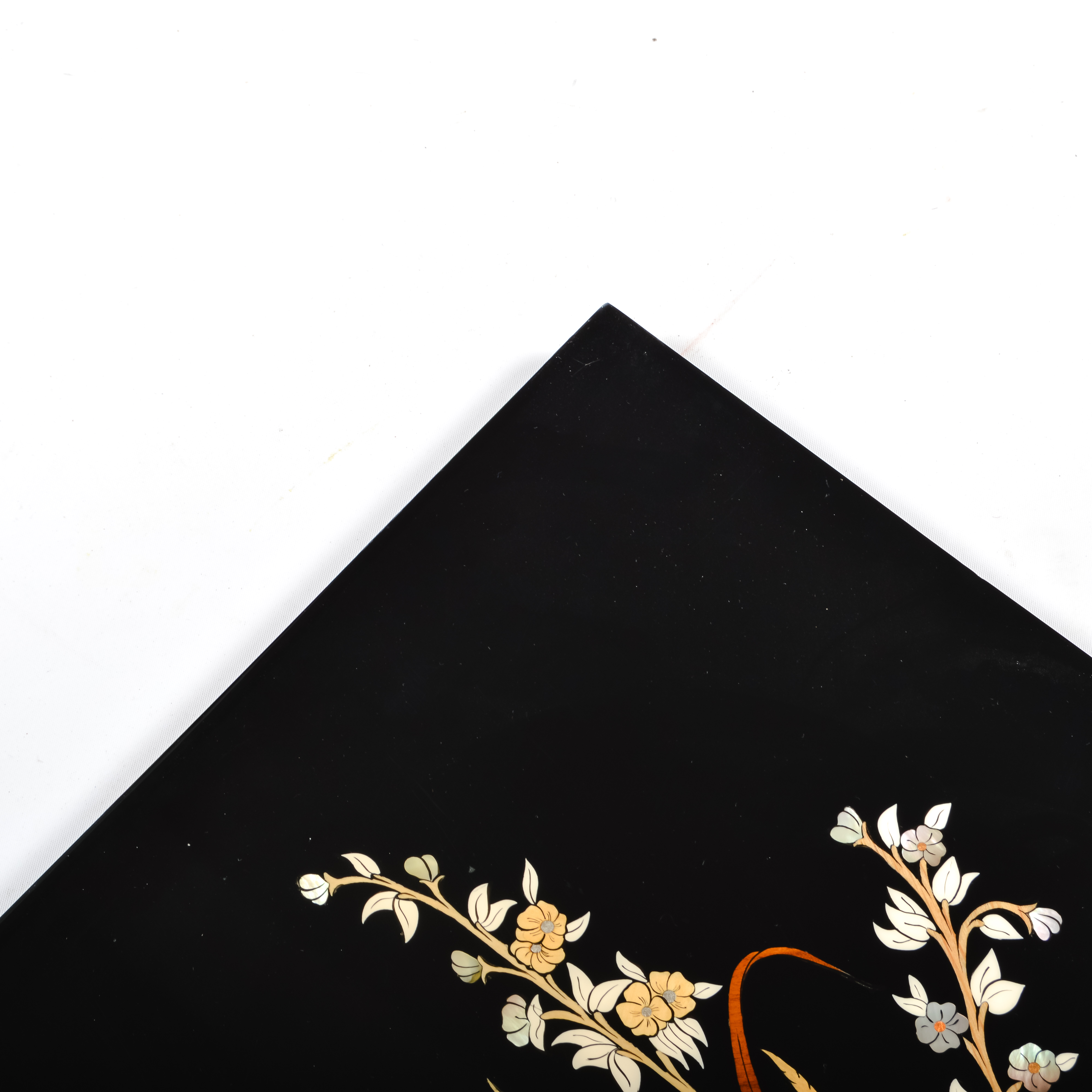 Signed Lacquered Wooden Marquetry Panel with Mother of Pearl