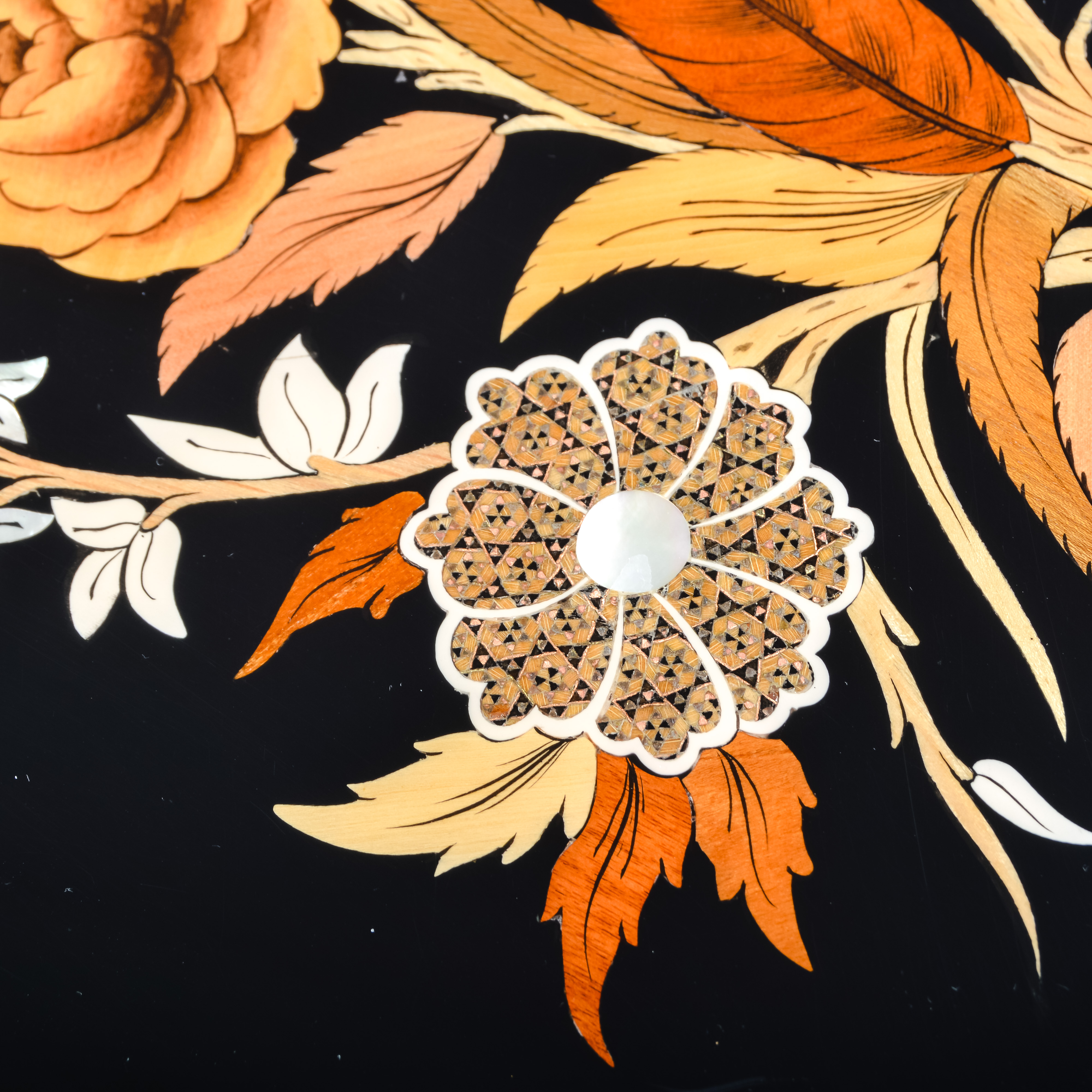 Signed Lacquered Wooden Marquetry Panel with Mother of Pearl