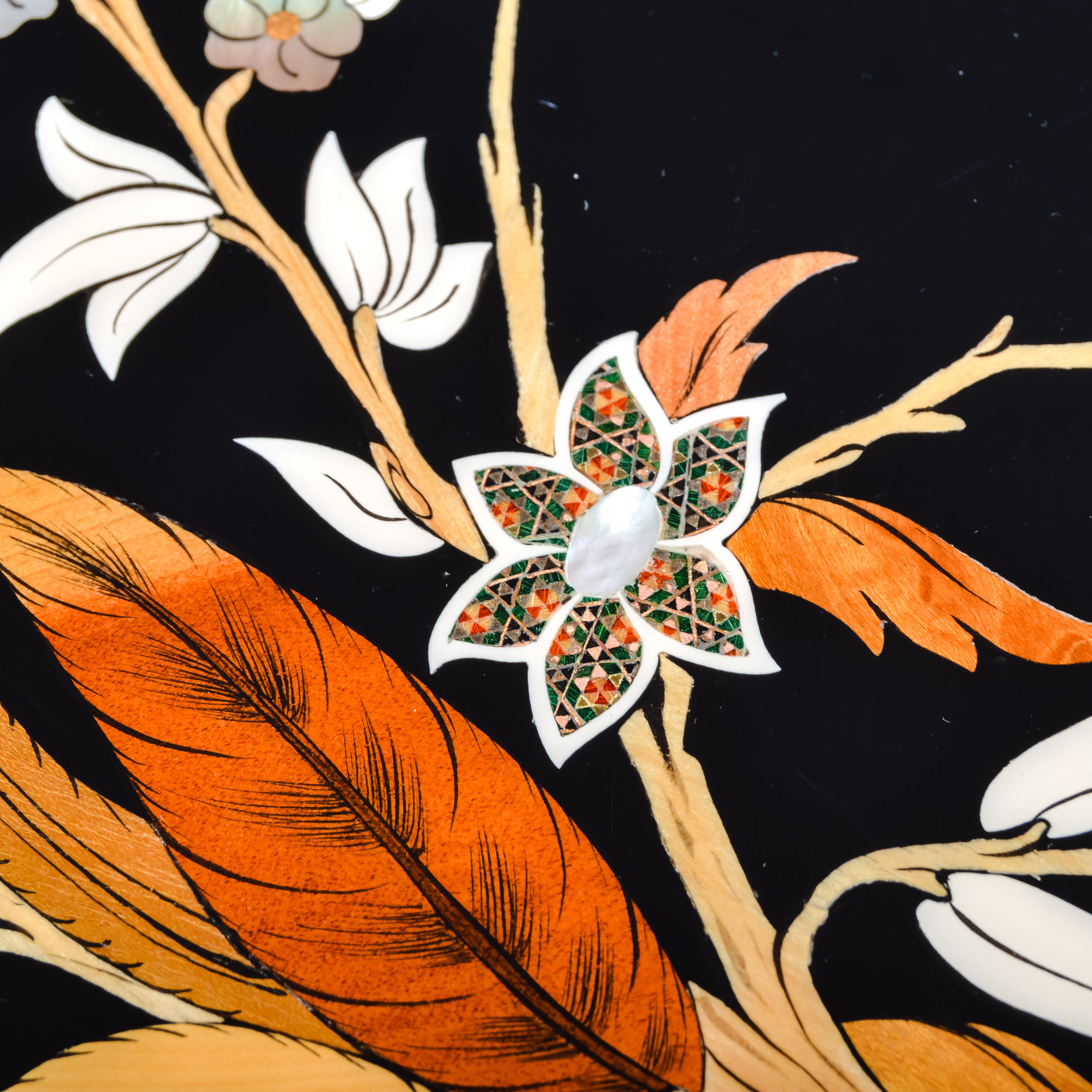 Signed Lacquered Wooden Marquetry Panel with Mother of Pearl