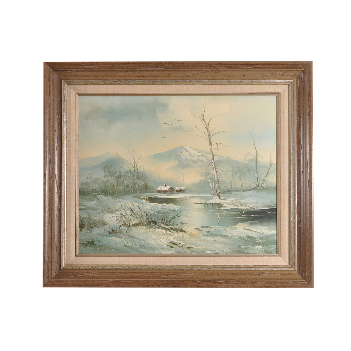 Engel Signed Oil Painting of a Winter River Landscape