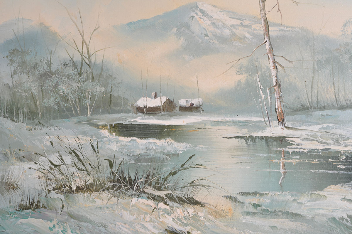 Engel Signed Oil Painting of a Winter River Landscape