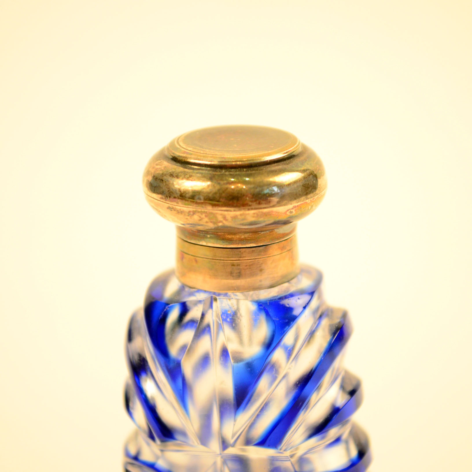 Cobalt Cut-to-Clear Glass Perfume Bottle with Metal Cap