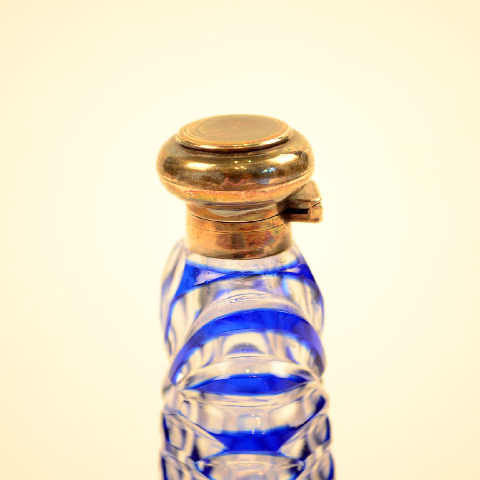 Cobalt Cut-to-Clear Glass Perfume Bottle with Metal Cap