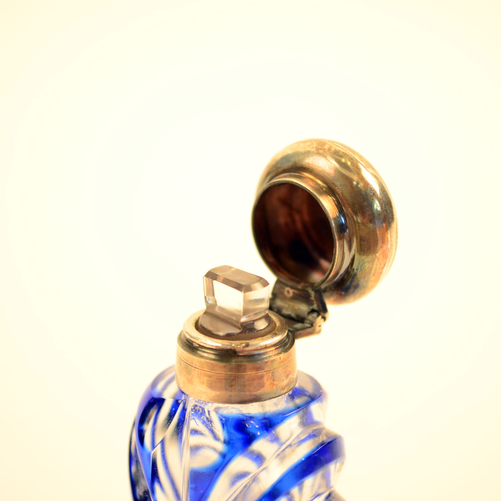 Cobalt Cut-to-Clear Glass Perfume Bottle with Metal Cap