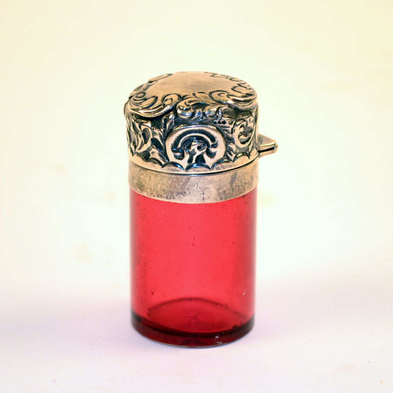 1897 Victorian Sterling Silver and Ruby Glass Smelling Salts Vial
