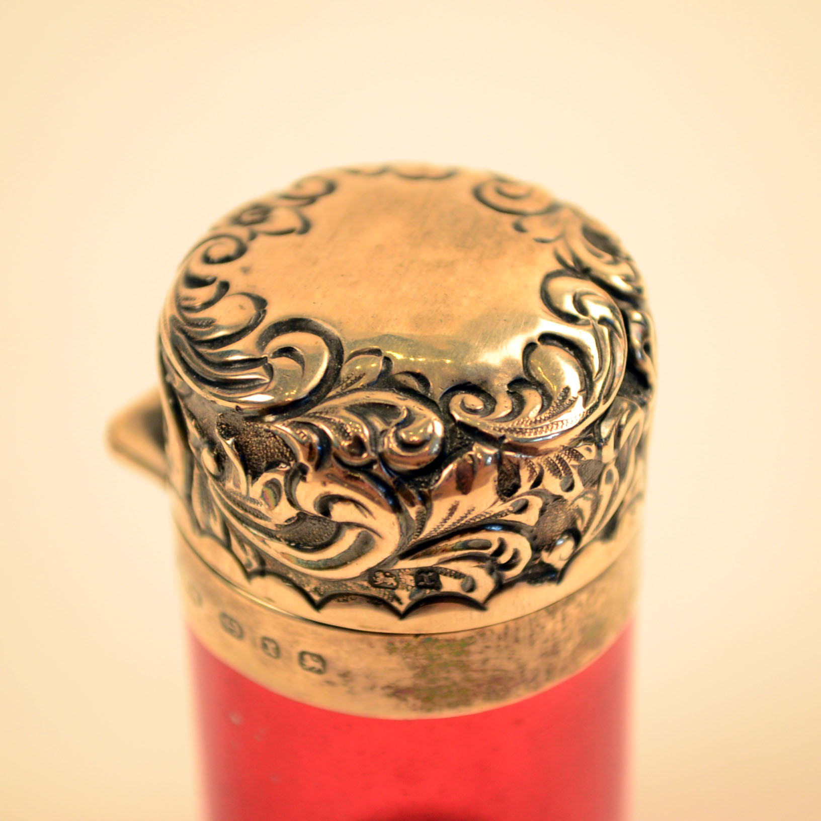 1897 Victorian Sterling Silver and Ruby Glass Smelling Salts Vial