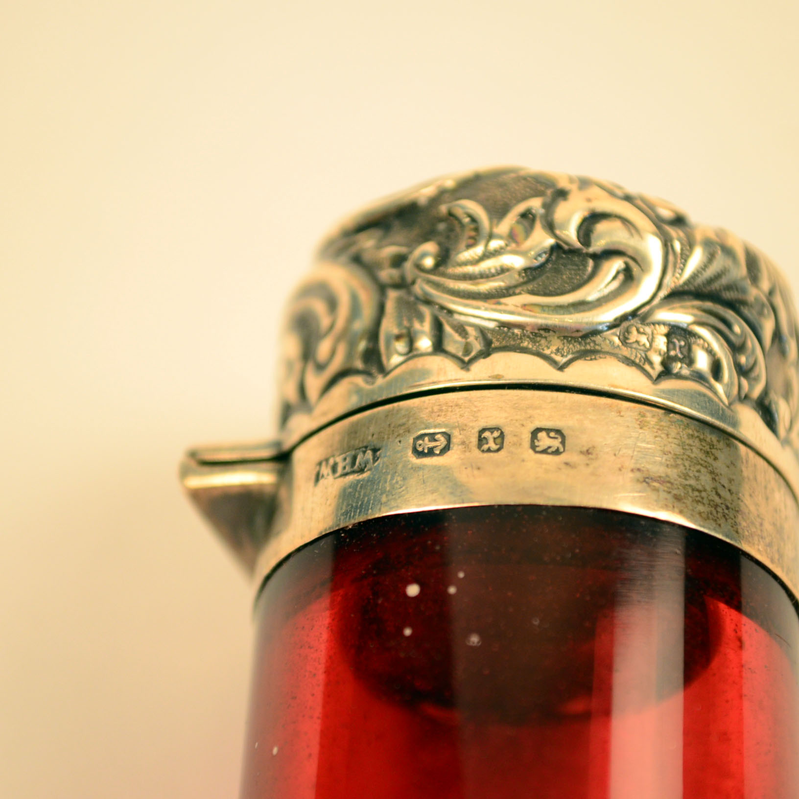 1897 Victorian Sterling Silver and Ruby Glass Smelling Salts Vial