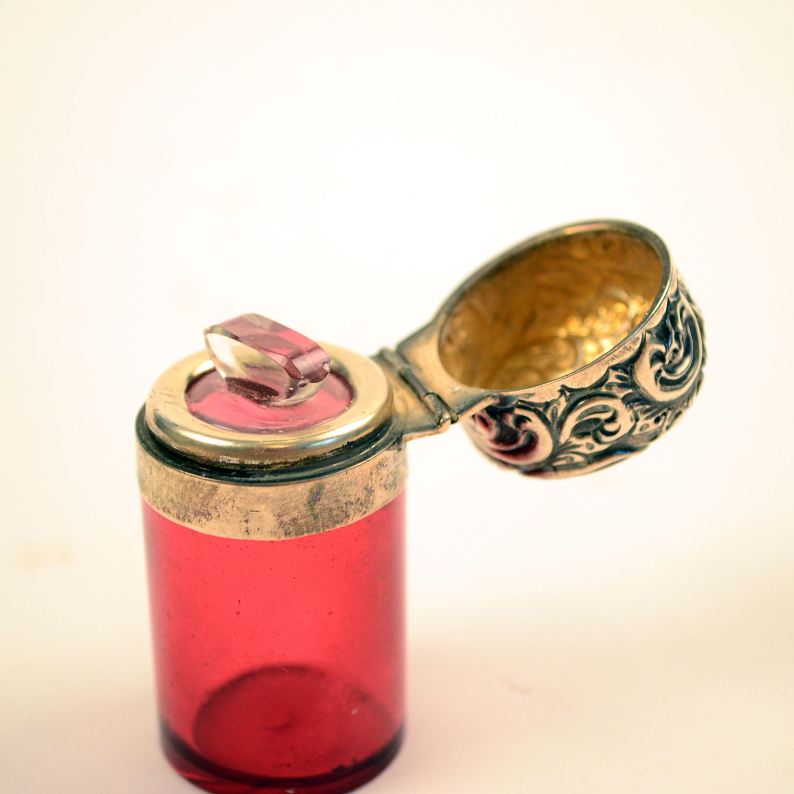 1897 Victorian Sterling Silver and Ruby Glass Smelling Salts Vial