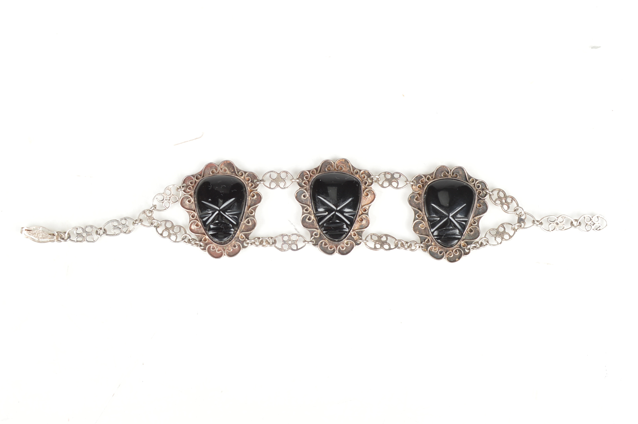 Vintage Sterling and Intaglio Onyx Tribal Mask Bracelet
