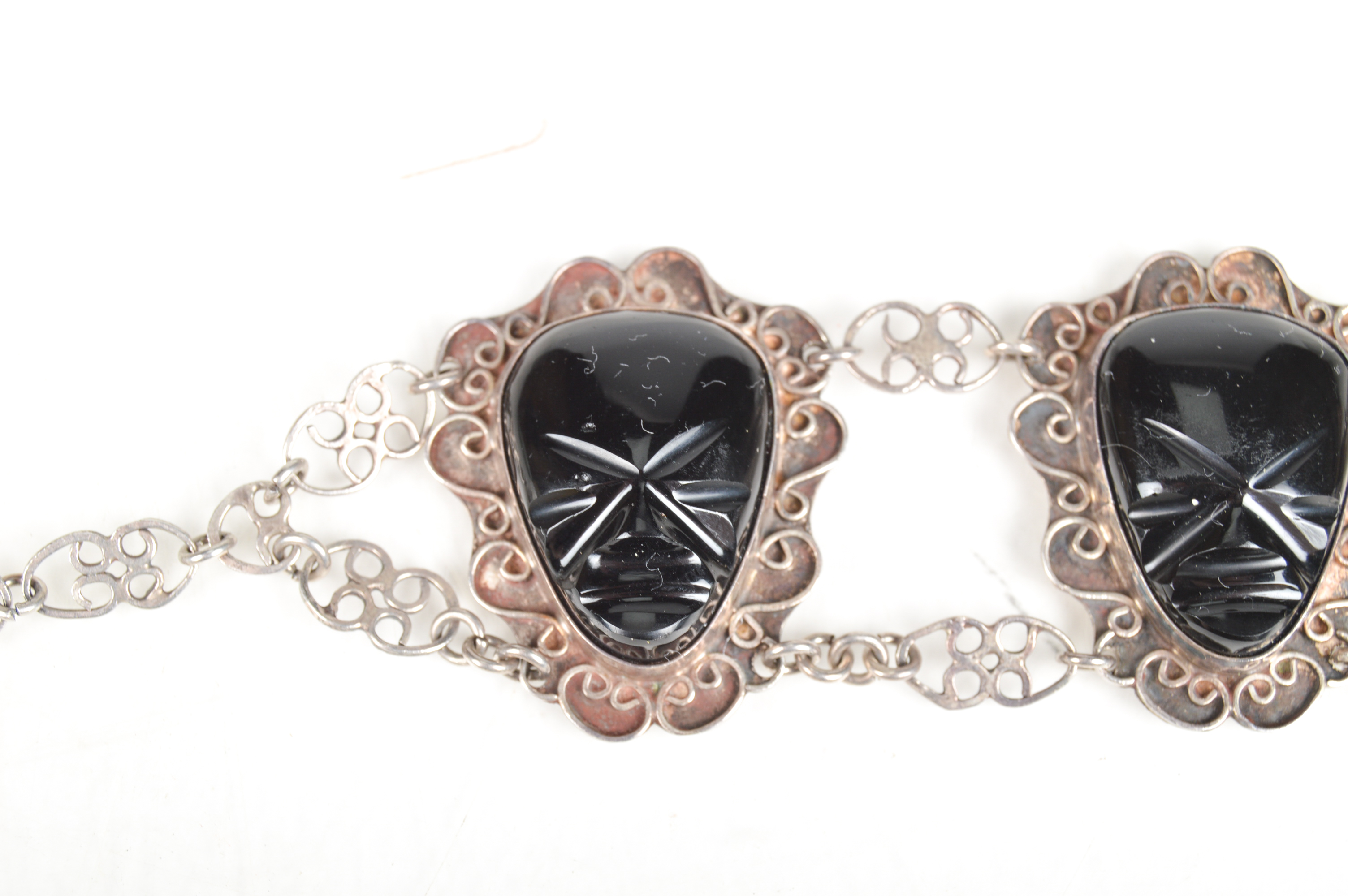 Vintage Sterling and Intaglio Onyx Tribal Mask Bracelet