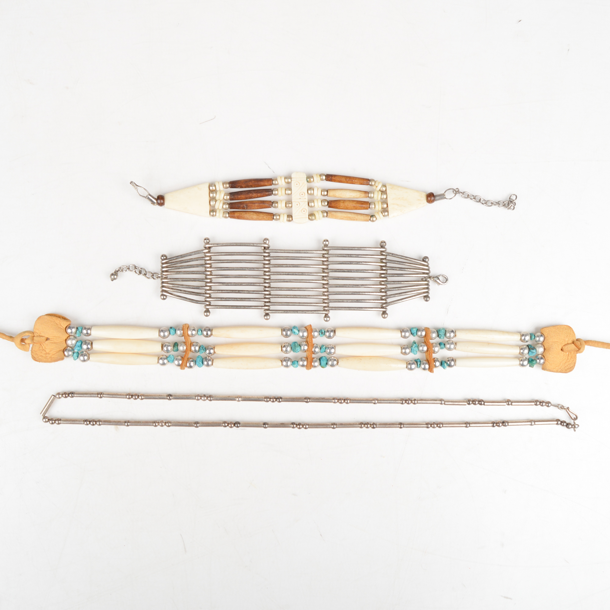 Native American Style Bone, Leather and Silver Tone Necklaces and Bracelets