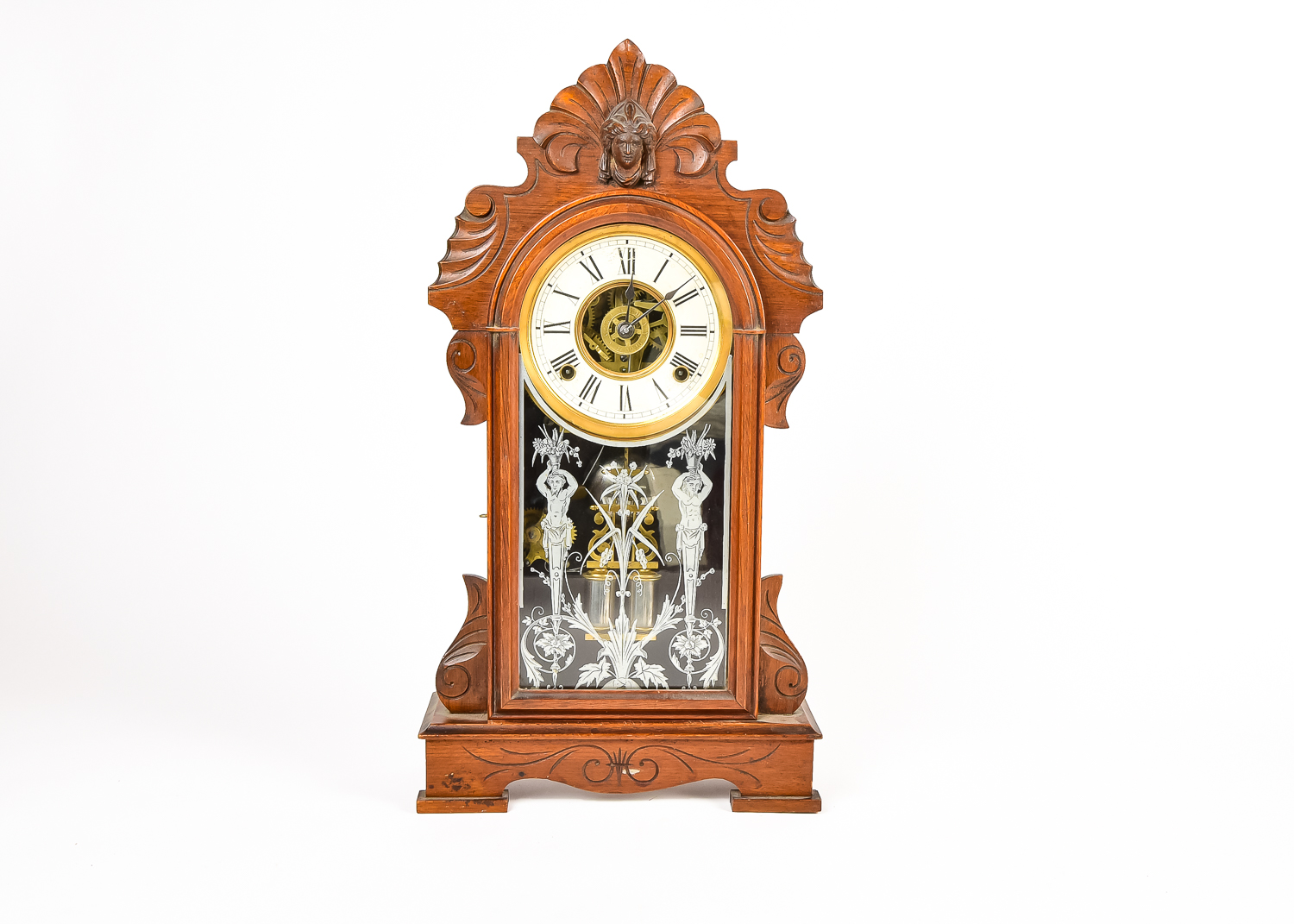 Antique Carved Walnut Mantel Clock