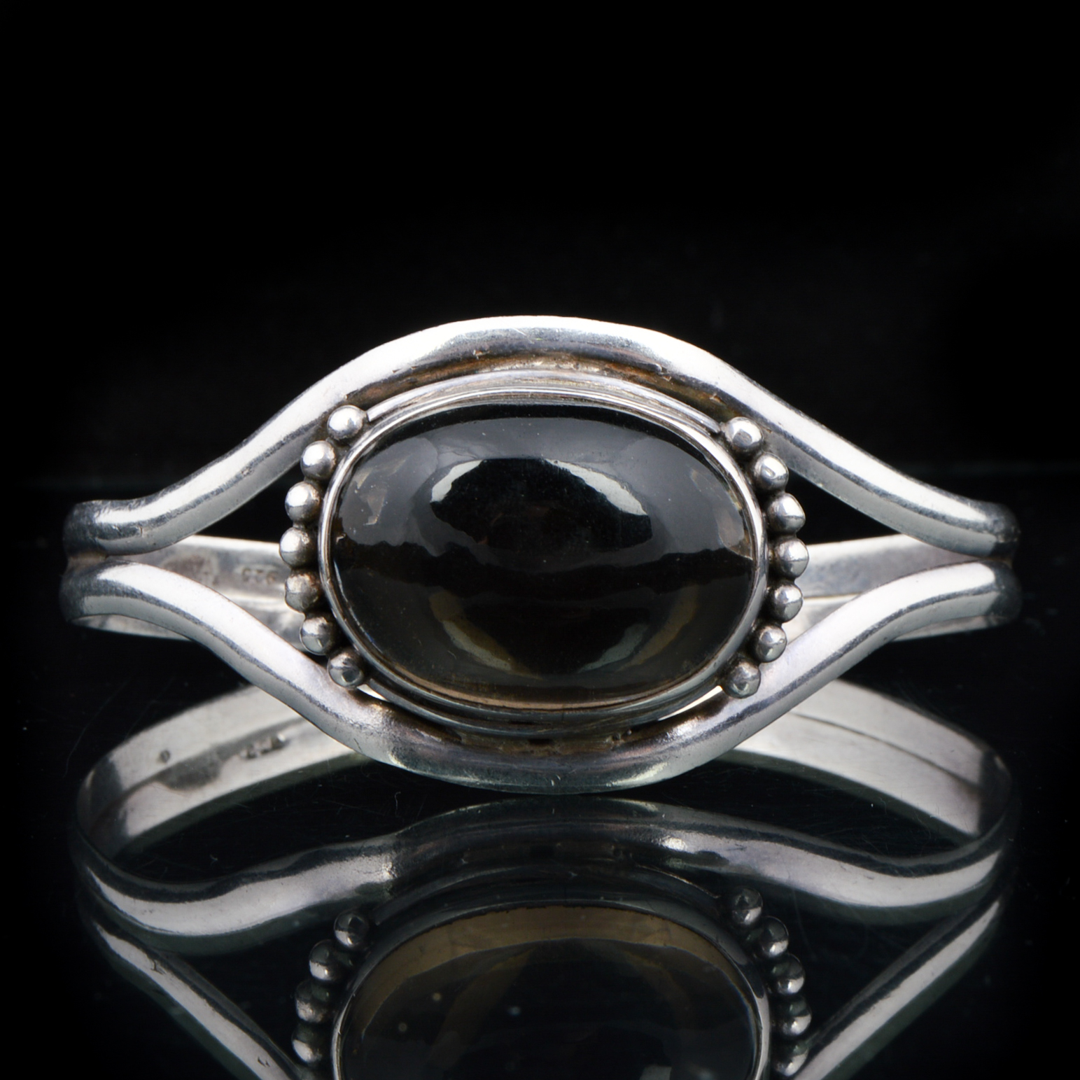 Navajo Style Sterling and Smoked Glass Cabochon Cuff