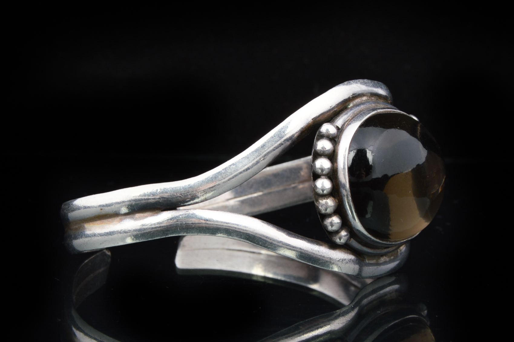 Navajo Style Sterling and Smoked Glass Cabochon Cuff