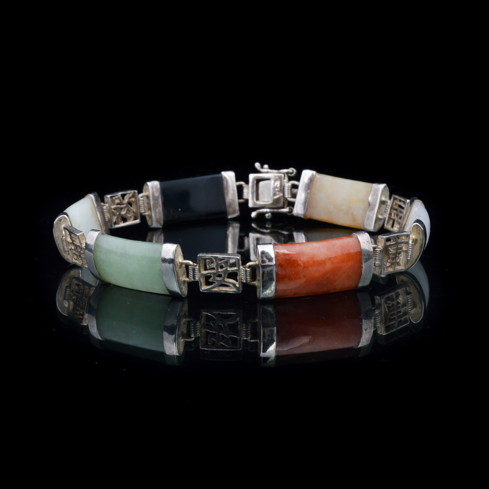Asian Influenced Jade, Onyx and Sterling Bracelet