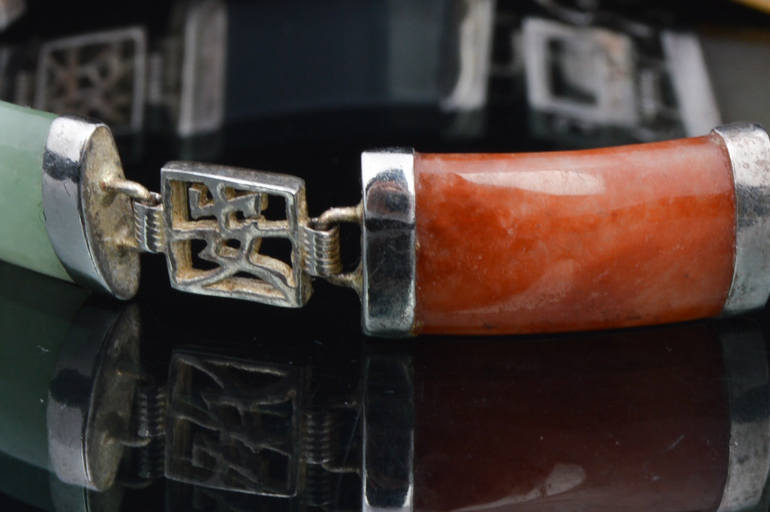 Asian Influenced Jade, Onyx and Sterling Bracelet