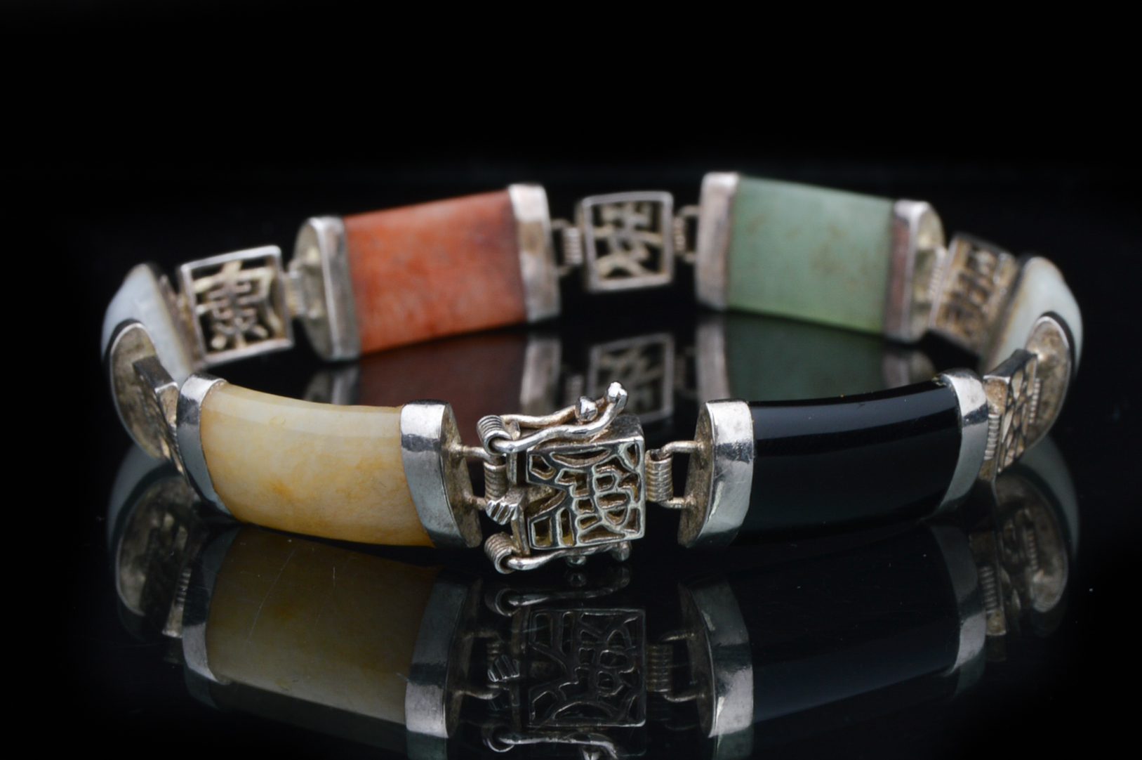 Asian Influenced Jade, Onyx and Sterling Bracelet