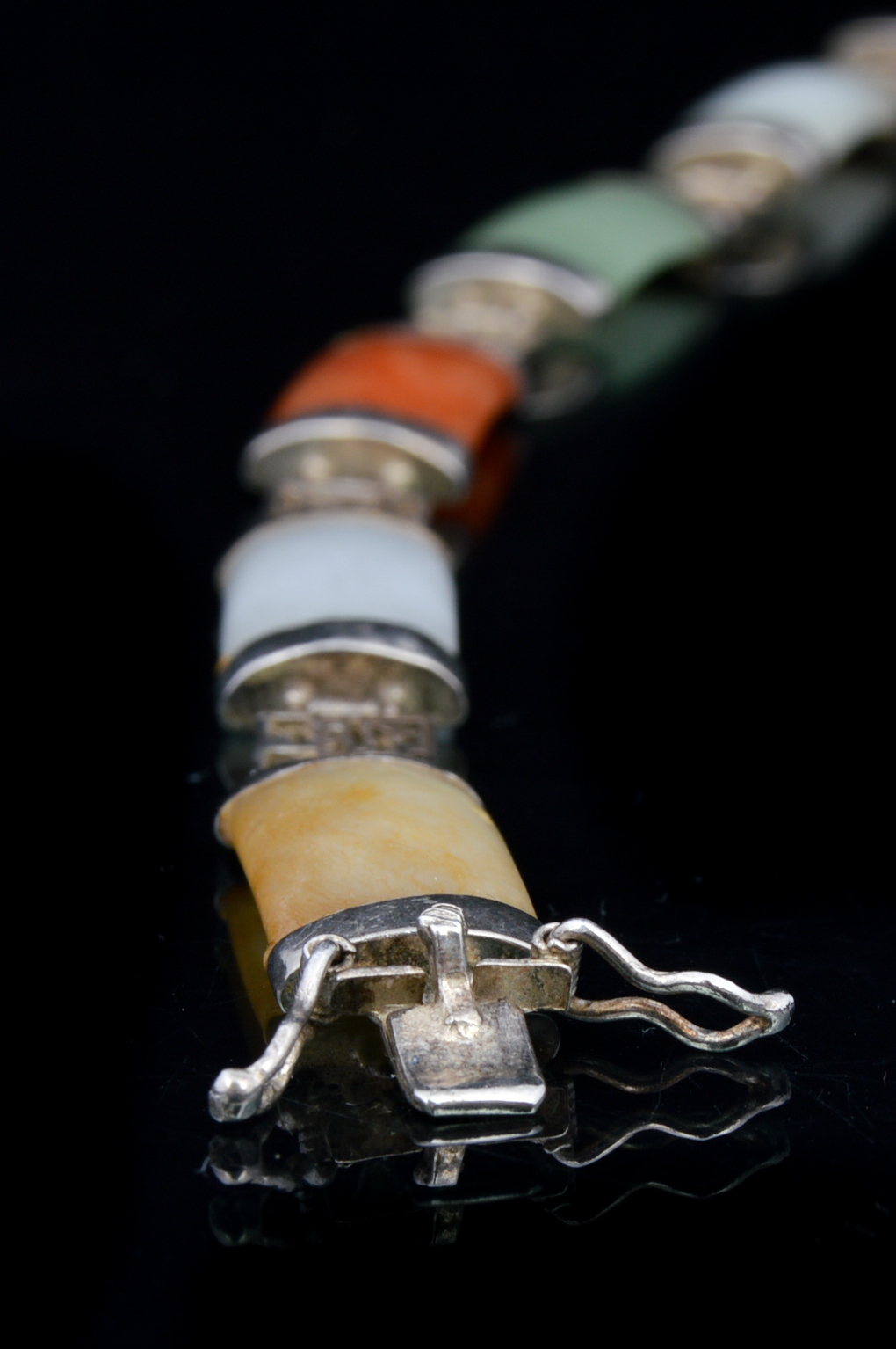 Asian Influenced Jade, Onyx and Sterling Bracelet