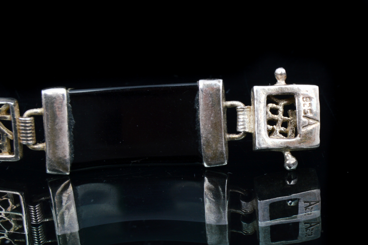 Asian Influenced Jade, Onyx and Sterling Bracelet