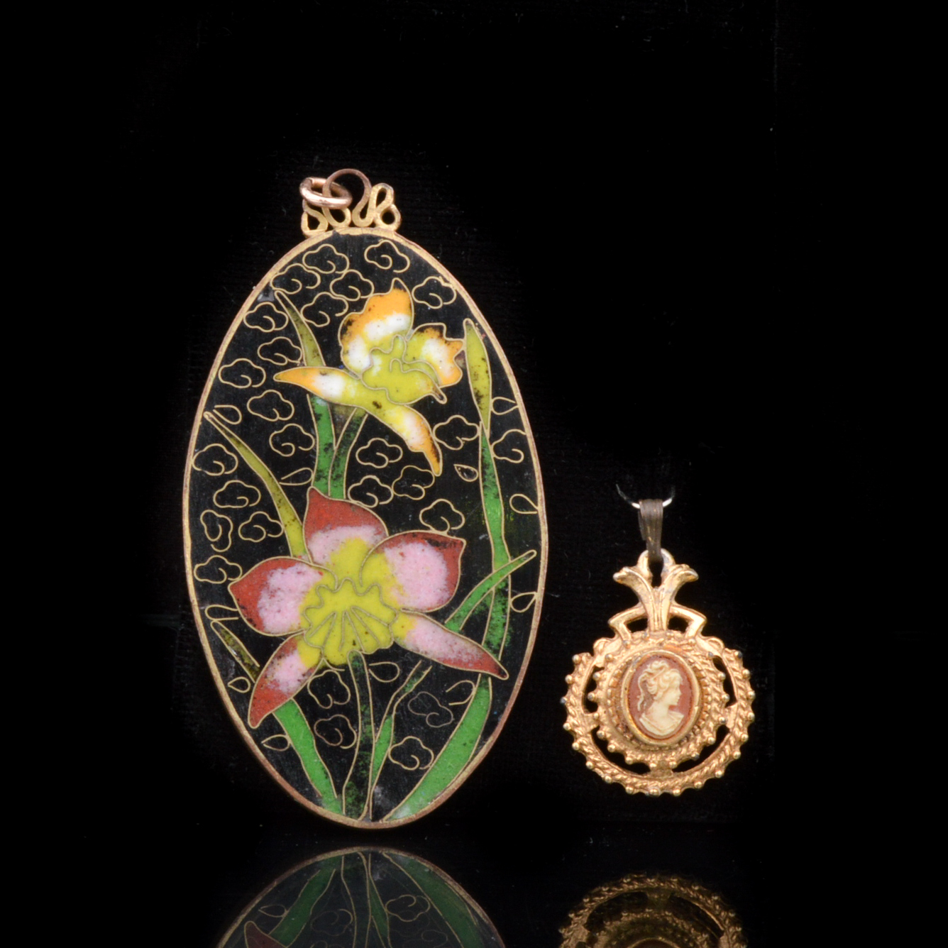 Vintage Cloisonne Pendant and Signed Florenza Cameo Pendant