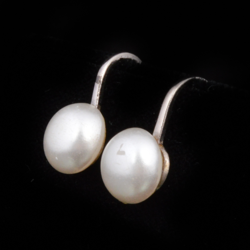 Antique Sterling and Freshwater Button Pearl Earrings
