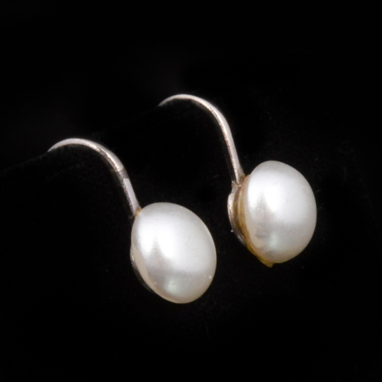 Antique Sterling and Freshwater Button Pearl Earrings