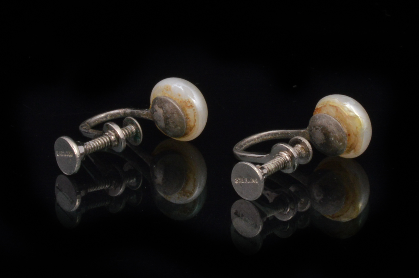 Antique Sterling and Freshwater Button Pearl Earrings