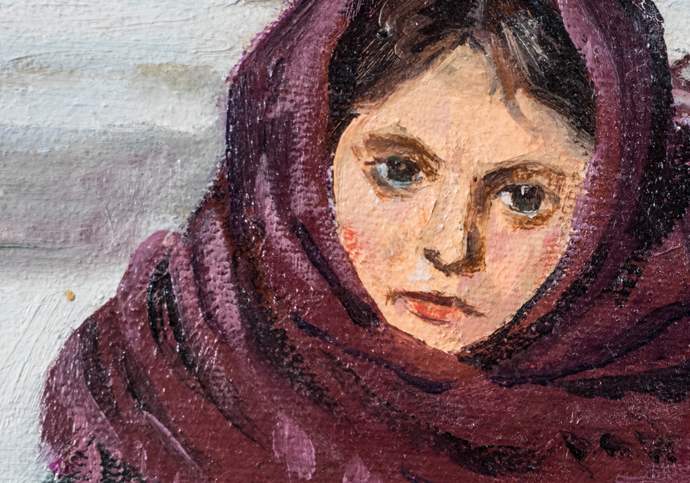 Signed Oil on Framed Canvas of Young Girl Carrying Fruit