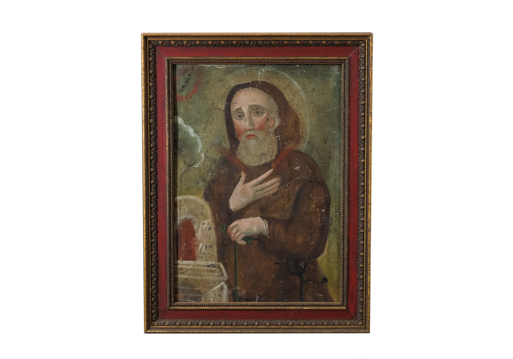 Antique Retablo Oil Painting of Saint Francis of Paola on Tin