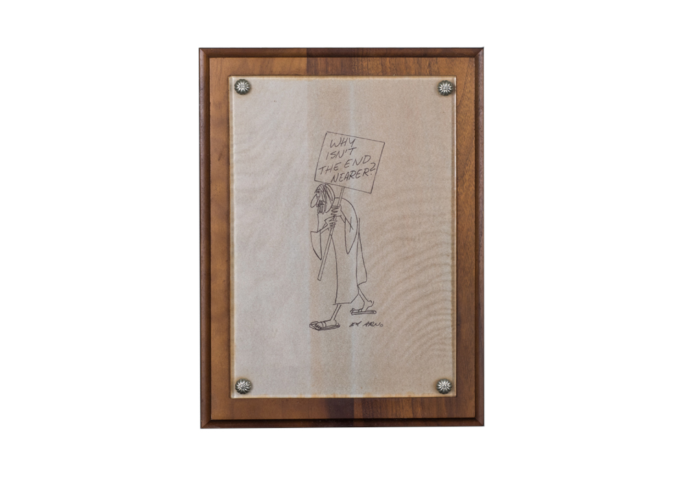 Ed Arno Pen Sketch on Plaque behind Raised Glass