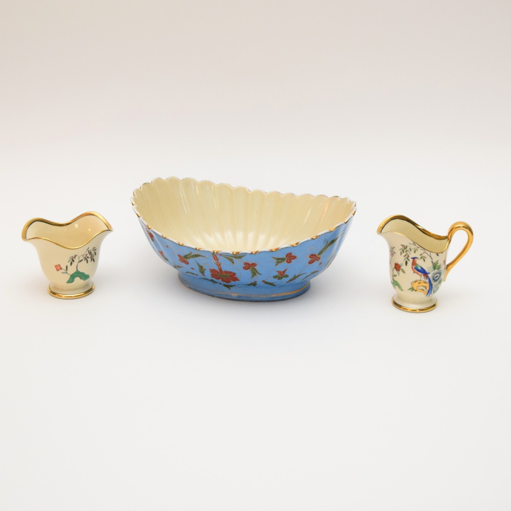 Porcelain Asian Inspired Bowl and Matched Sugar Bowl and Creamer