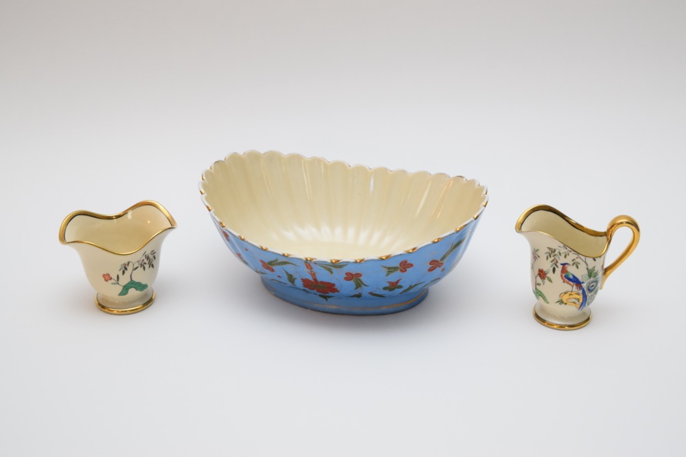 Porcelain Asian Inspired Bowl and Matched Sugar Bowl and Creamer