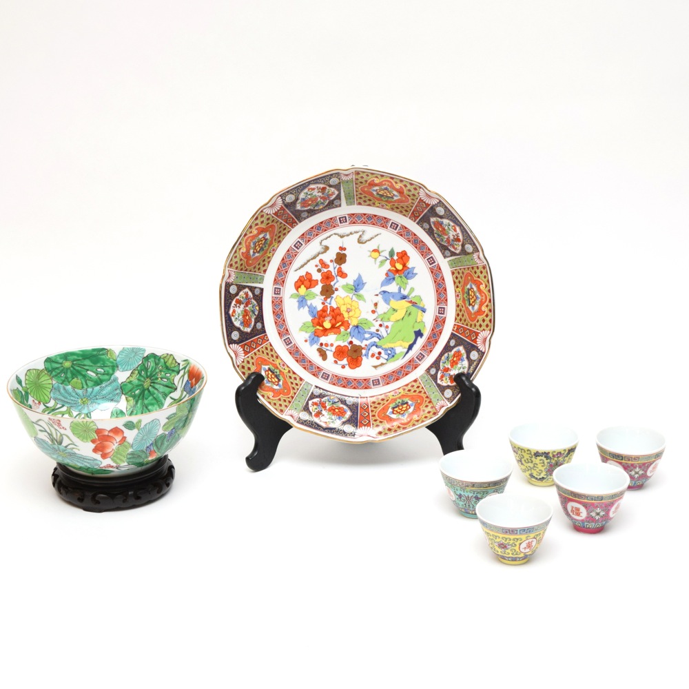 Pair of Asian Inspired Porcelain Bowls and Four Sake Cups